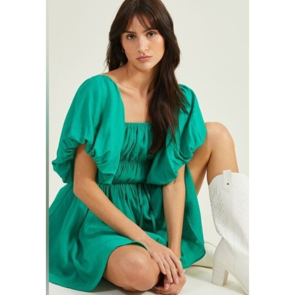 NWT Altar'd State Emerald Green Mini Dress Womens L Puff Sleeve Smocked